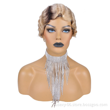 Color 1B 613 Full Machine Finger Wave Wigs Raw Indian Hair Pixie Cut Wig Short Bob Wigs For Black Woman